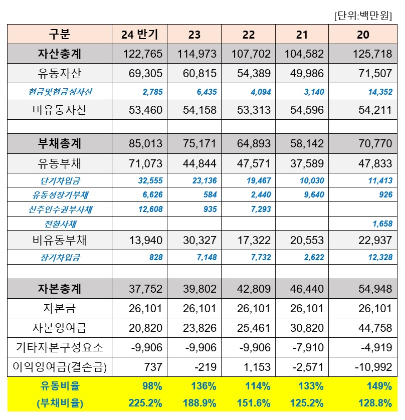 동성2025 바카라사이트 재무상태표 (더바이오 재구성, 출처 : 동성2025 바카라사이트 사업보고서 및 반기보고서)