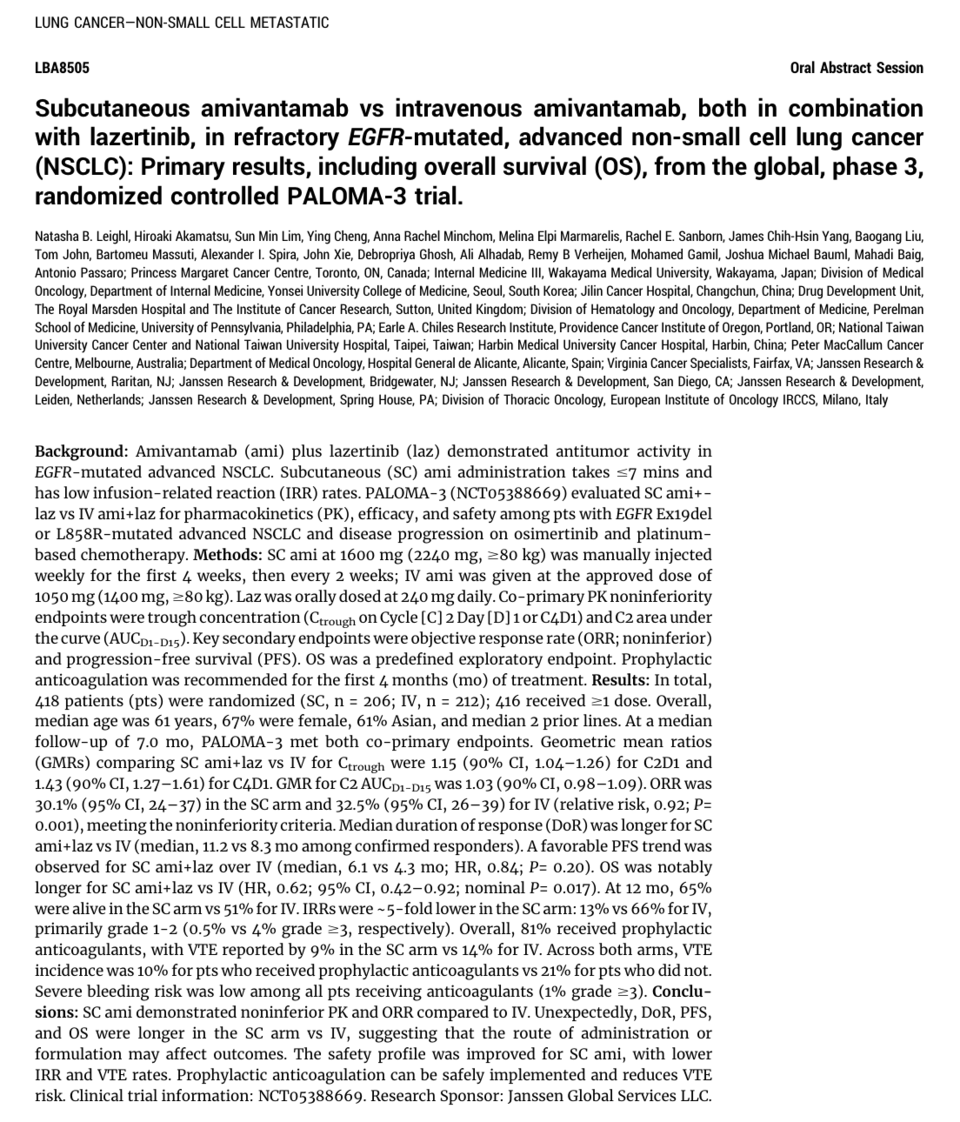 Abstract of Phase 3 clinical trial (PALOMA-3) data of ‘Lazertinib’ and ‘Subcutaneous injection (바카라사이트 소울카지노) amivantamab’ combination therapy (Source: A바카라사이트 소울카지노O abstract partial 바카라사이트 소울카지노reenshot)