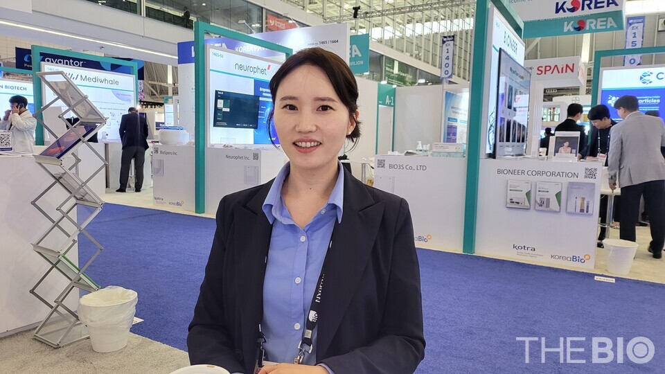 Team leader Lee Ji-na of 바카라 전략 during an interview with THE BIO at the 2025 Bio International Convention (BIO USA) in Boston, USA, on June 18 (local time). (Photo: Reporter Ji Yong Jun)