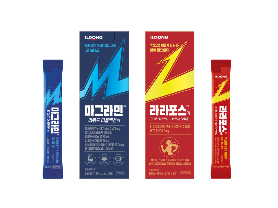 액상형 스틱 포장 일반의약품인 마그라민 리퀴드 더블액션과 라라포스. (출처 : 일동바카라사이트 굿모닝)
