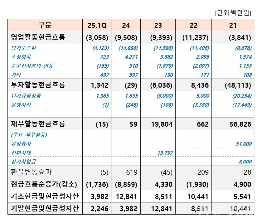 바카라사이트 제작 현금흐름표 현황. 개별기준. 더바이오 재구성 (출처 : 바카라사이트 제작 사업보고서)