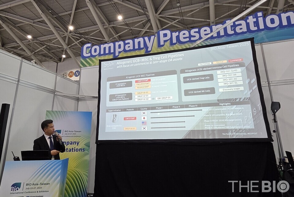 메디포스트가 ‘바카라 용어 아시아-대만 2025(BIO Asia-Taiwan 2025)’에 참가해 회사 소개 발표(Company Presentation)를 진행하고 있다. (출처 : 메디포스트)