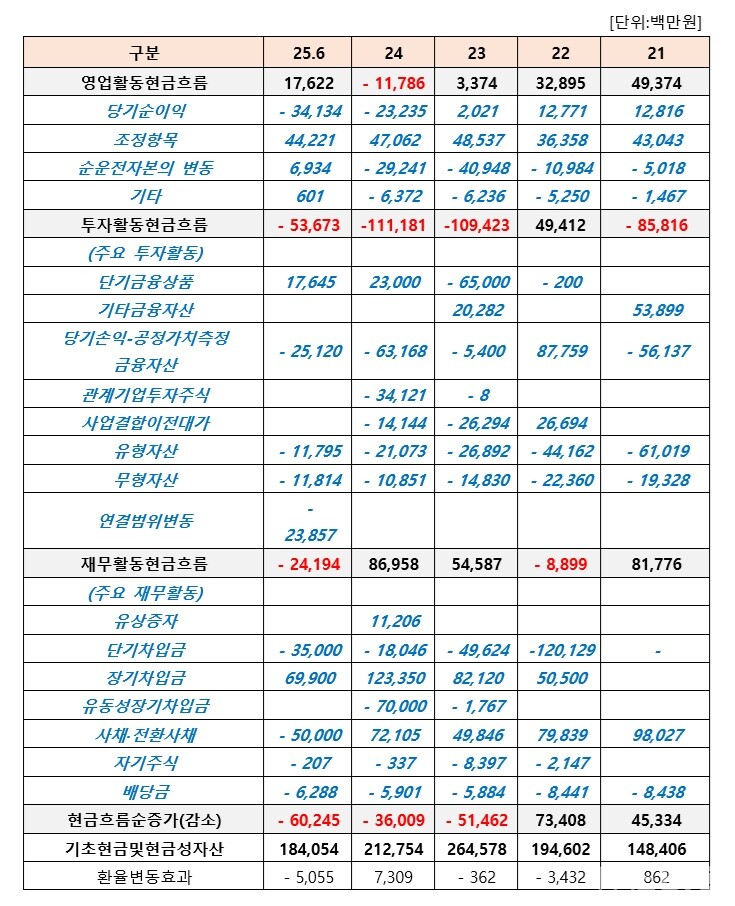 안전한 바카라 사이트의 연도별 현금흐름표 현황. 연결기준 (출처 : 더바이오 재구성)