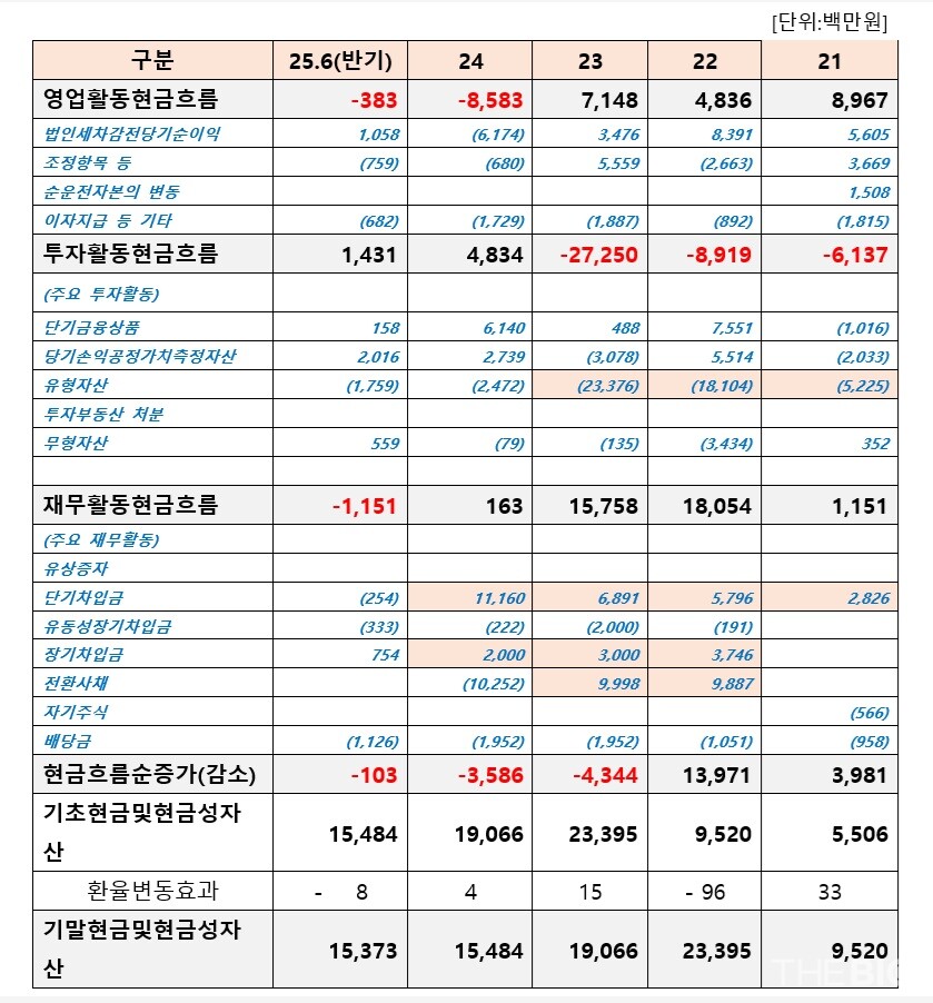 알리코온라인 바카라의 연도별 현금흐름표 현황. 개별기준 (출처 : 더바이오 재구성)