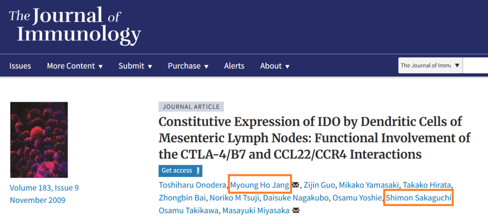 The paper titled ‘Constitutive Expression of IDO by Dendritic Cells of Mesenteric Lymph Nodes: Functional Involvement of the CTLA-4/B7 and CCL22/CCR4 Interactions’ was published in the November 2009 issue of ‘The Journal of Immunology.’ Jang Myoung-ho, CEO of 바카라사이트 벳페어 Innovation, and Professor Simon Sakaguchi, the 2025 Nobel Laureate in Physiology or Medicine, are listed as co-authors.