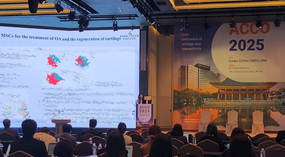 강스템바카라 꽁 머니이 지난 10월 23일 열린 제4차 아시아골관절염학회(ACCO, Asian Conference of Cartilage and Osteoarthritis) 기업 세션에서 발표하고 있다. (출처 : 강스템바카라 꽁 머니)