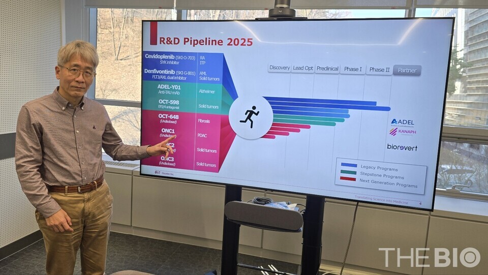 에볼루션 바카라사이트의 연구 총괄인 윤태영 각자대표가 더바이오와의 인터뷰에서 회사의 주력 R&D 파이프라인에 대해서 설명하고 있다. (사진 : 강인효 기자)
