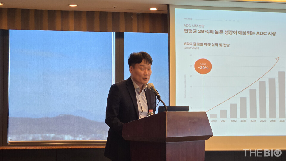 허남구 에임드바이오 대표가 18일 오전 서울 여의도 63스퀘어에서 열린 기업공개(IPO) 기자간담회에서 발표하고 있다. (사진 : 지용준 기자)