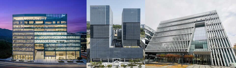 (사진 왼쪽부터) JW중외제약과 안국약품 과천 본사, 휴온스 과천 동암연구소 (출처 : 각사)