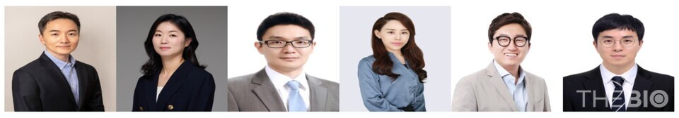(사진 왼쪽부터) 신동훈 개발2본부장 부사장, 신지은 개발1본부 MSAT팀장 부사장, 손성훈 법무그룹장 상무, 안소신 PE팀 임상개발그룹장 상무, 이남훈 전략팀 사업전략그룹장 상무, 정의한 RA팀 RA3그룹장 상무 (출처 : 삼성바이오에피스)
