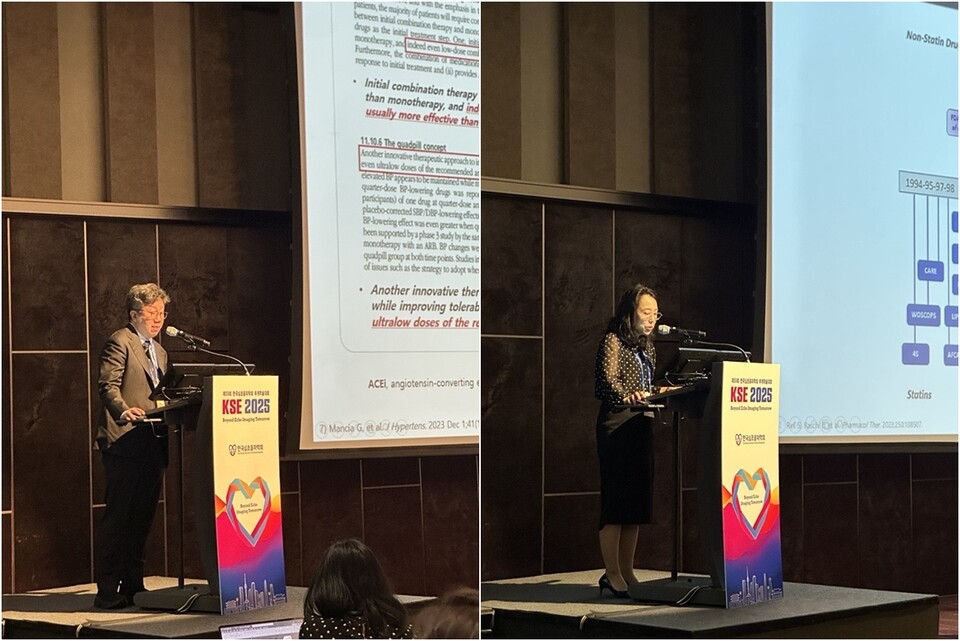 (사진 왼쪽부터) 김대희 울산대 의대 교수와 김다래 성균관대 의대 교수가 한국심초음파학회 추계 학술대회에서 바카라사이트 제작하고 있다. (출처 : 한미약품)