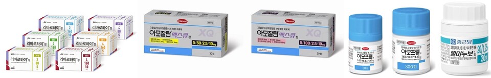 (사진 왼쪽부터) JW중외제약이 새로 출시한 ‘리바로하이’, 한미약품의 ‘아모잘탄엑스큐’ 저용량 제품, 아모프렐, 종근당의 ‘텔미누보’ 초저용량 제품 (출처 : 각사)