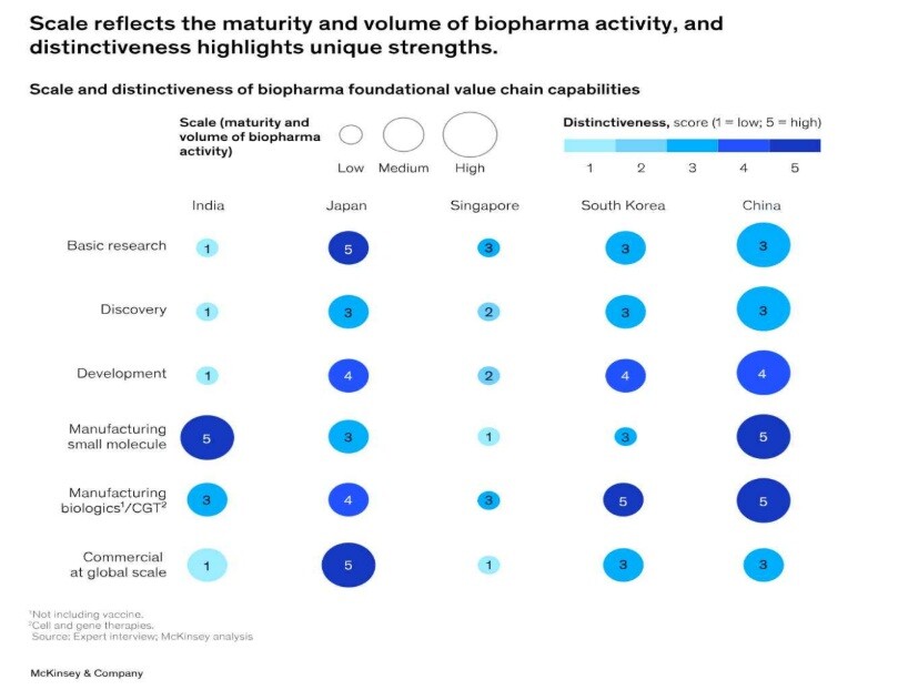 아시아 주요 국가별 바이오제약 가치사슬 역량 비교. 중국과 한국은 개발·제조 부문에서 높은 규모와 차별성을 보였고, 일본은 기초 연구와 에볼루션 바카라사이트 상용화 역량이 두드러졌다. (출처 : 한국바이오협회)