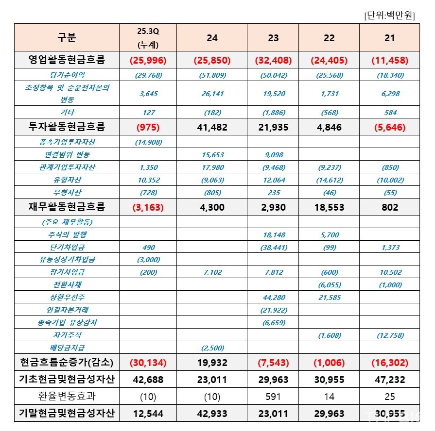 에볼루션 바카라인바이츠의 연도별 현금흐름표 현황. 연결기준 (출처 : 에볼루션 바카라인바이츠 사업보고서, 더바이오 재구성)