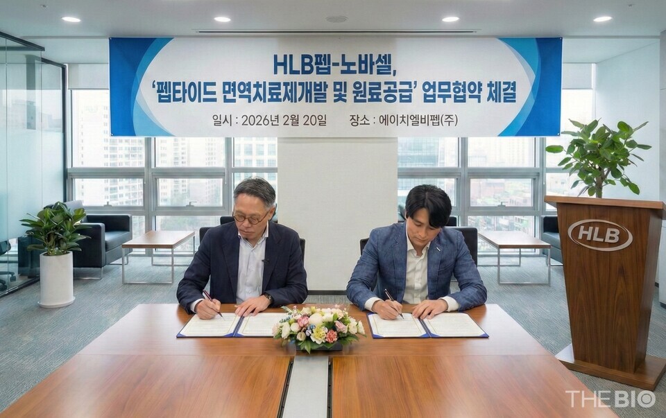 (사진 오른쪽부터) 심경재 HLB펩 대표와 이태훈 노바셀 대표가 ‘펩타이드 면역치료제 바카라사이트 주사위 및 원료 공급’ 업무협약 체결을 위해 협약서에 서명을 하고 있다. (출처 : HLB펩)