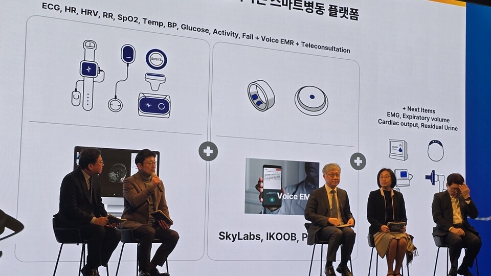 이영신(사진 왼쪽에서 두 번째) 씨어스테크놀로지 대표가 23일 오전 대웅제약이 개최한 기자간담회에서 발언하고 있다. (사진 : 지용준 기자)